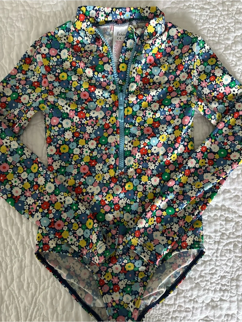 Mini Boden Multicolor Floral Long-Sleeve One-Piece Swimsuit 7-8 yrs 🌼